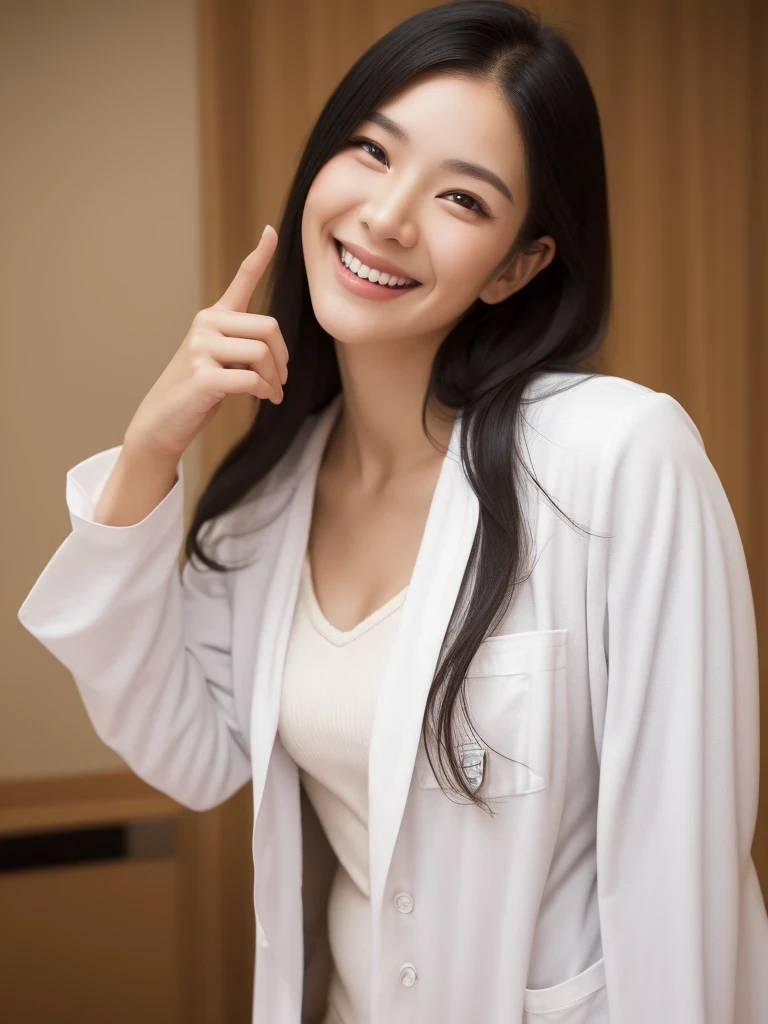 hospital room, 1girl, beautiful slim Japanese woman, wearing (white lab coat:1.47), solid circle eyes, light smile, ccurate, sparkling eyes, (((fingersmile))), (medium shot), high detail, photo-realistic:1.37, 8k, super detail, best quality, masterpiece, anatomically correct, super detail, textured skin, extremely detailed face and eyes, detailed facial features, ((perfect face))