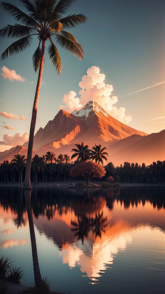 Palm tree in a reflective lake, sunset, mountains, ultra realistic, clouds in sky orange by sun, Cinematic painting Please put your hand in holding the cigarette
