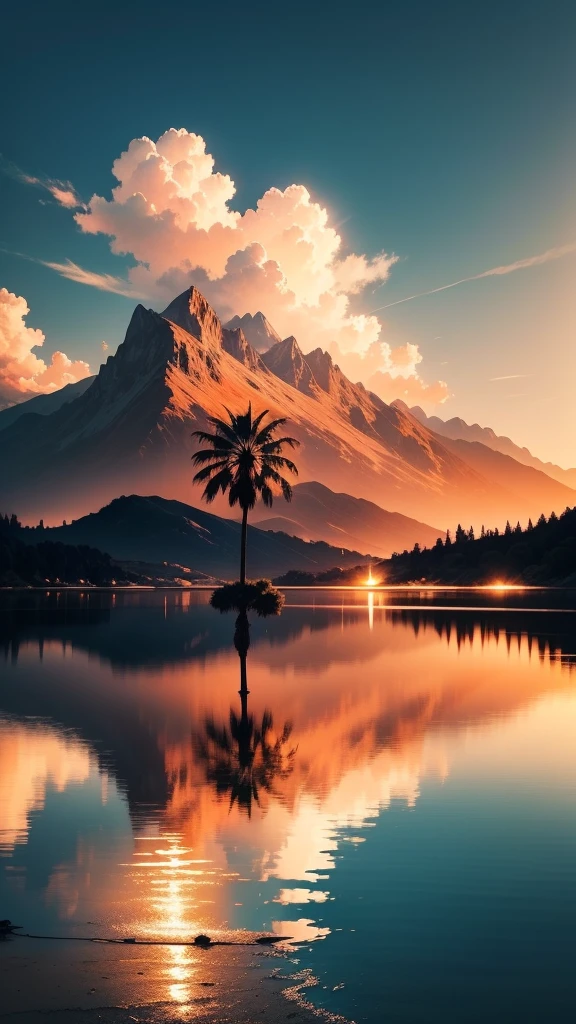 Palm tree in a reflective lake, sunset, mountains, ultra realistic, clouds in sky orange by sun, Cinematic painting Please put your hand in holding the cigarette