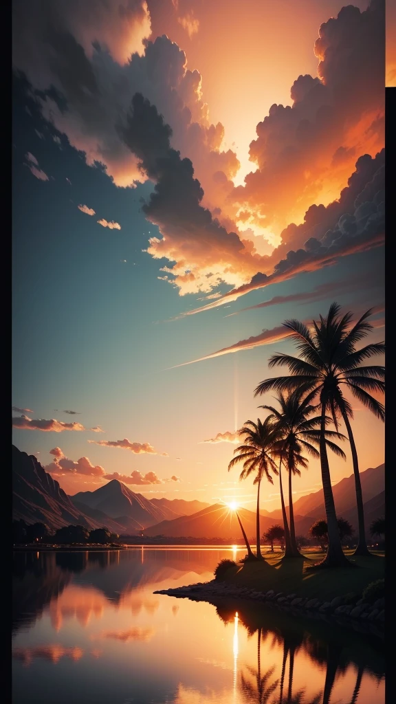 Palm tree in a reflective lake, sunset, mountains, ultra realistic, clouds in sky orange by sun, Cinematic painting Please put your hand in holding the cigarette