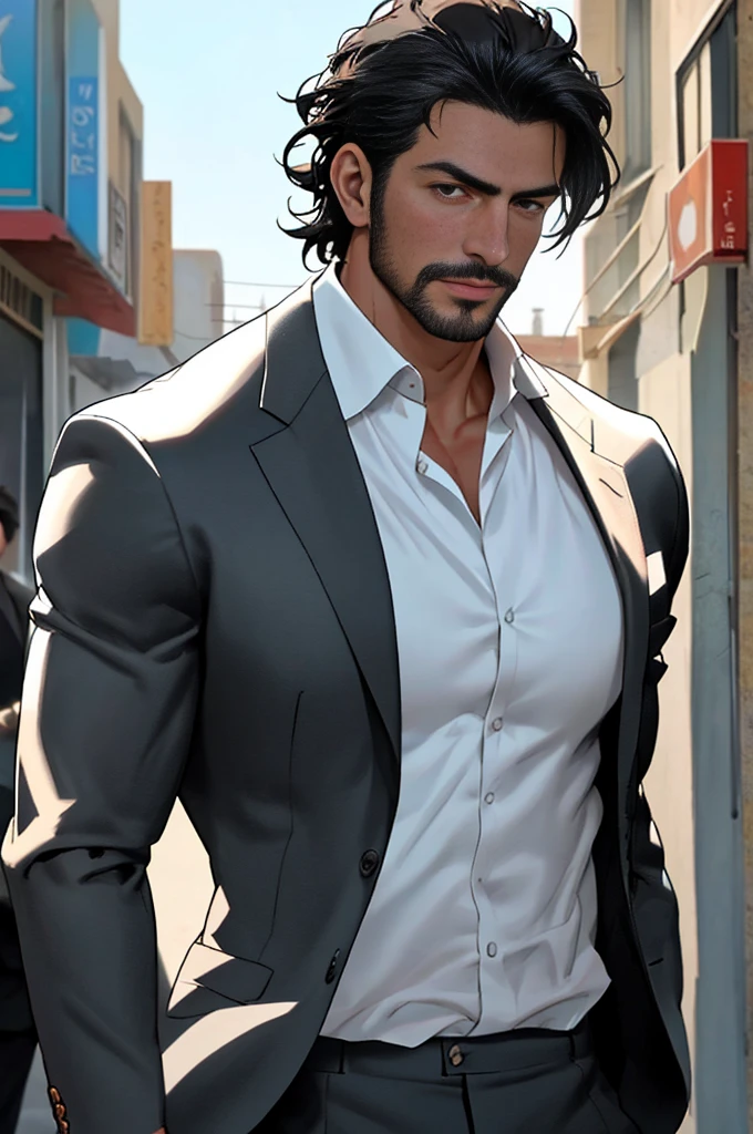 Tall male, mid thirties, athletic muscular build, handsome, gentleman, Turkish man, dark suit with white shirt, ultra detail, 8 k, realistic anime style photo, rugged face, handsome face, black hair, short hair, photo, solo shot, waist shot, cinematic light, cinematic color, social, remarkable, mysterious
