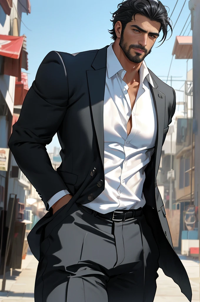 Tall male, mid thirties, athletic muscular build, handsome, gentleman, Turkish man, dark suit with white shirt, ultra detail, 8 k, realistic anime style photo, rugged face, handsome face, black hair, short hair, photo, solo shot, waist shot, cinematic light, cinematic color, social, remarkable, mysterious