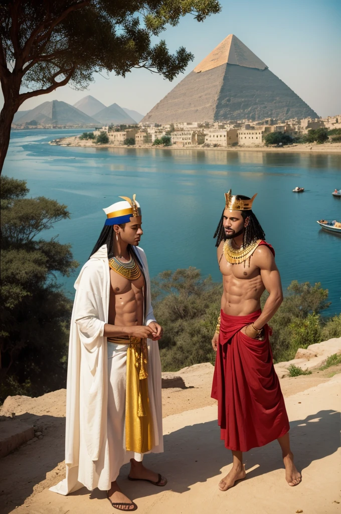 Egito antigo. Pharaoh in front of the Nile River with his boyfriend, casal gay. pyramid in the background, taken by the fire that falls from the sky