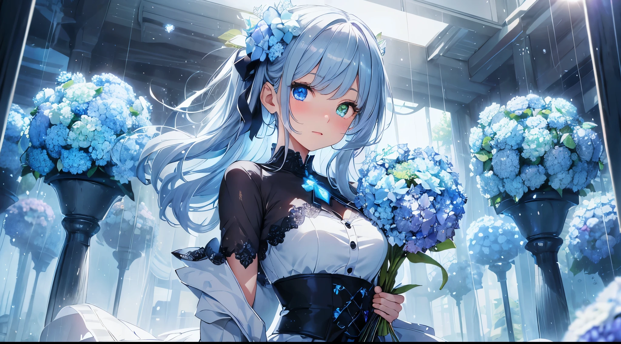 Best quality、Photorealistic、Ultra-detailed、delicate、Orderly、High Detail、Bluish Silver Short Bob、(Drooping heterochromia iris,glowing eyes、Sparkling Eyes:1.4)、slender、(One girl:1.2)、(Blue hydrangea、A girl holding a bouquet of hydrangeas、Girl in a dress、Girl wearing a coat:1.3)、rain、wet,Hair swaying in the wind、Particles of light、