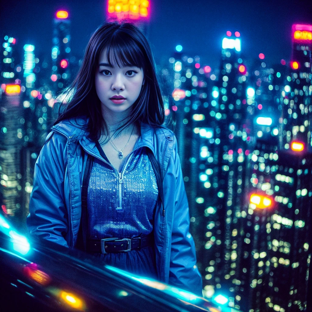 "Big city at night、A young woman wanders amongst the neon-lit skyscrapers。She has a vague facial contour.、Has a lonely look。Transparent bubbles float around the woman.、Each bubble seems to reflect her thoughts and dreams.。Starry sky spreads out in the background、The contrast between the hustle and bustle of the city and the quietness of it all is depicted.。The color scheme is based on cool blue and purple.、The bubbles and the woman are depicted as floating in a soft light.、Overall silence and solitude、It has a fantastical atmosphere that gives a sense of transience.。", High resolution, masterpiece, highest quality, Intricate details, Very detailed, Clear focus, Delicate skin, practical skin texture, texture, Delicate eyes, Professional, 4K, Shot with Canon, 85mm, Shallow and deep, Kodak Vision Color, Exactly, Very detailed, photograph_\(Extremist\), photographpractical, practical, Post-processing, Maximum details, Roughness, Real Life, Extremist practical, Photorealism, photographgraphy, 8K Ultra HD, photographgraphy