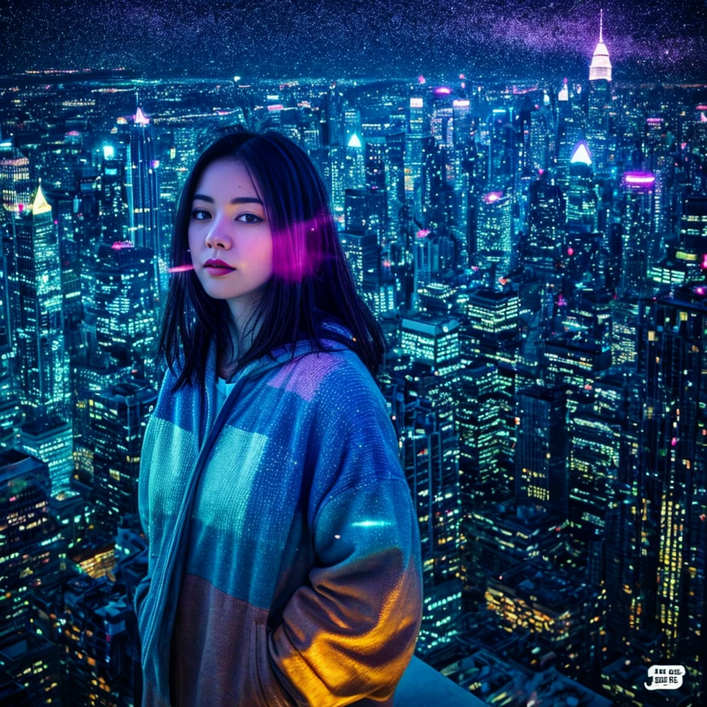 "Big city at night、A young woman wanders amongst the neon-lit skyscrapers。She has a vague facial contour.、Has a lonely look。Transparent bubbles float around the woman.、Each bubble seems to reflect her thoughts and dreams.。Starry sky spreads out in the background、The contrast between the hustle and bustle of the city and the quietness of it all is depicted.。The color scheme is based on cool blue and purple.、The bubbles and the woman are depicted as floating in a soft light.、Overall silence and solitude、It has a fantastical atmosphere that gives a sense of transience.。", High resolution, masterpiece, highest quality, Intricate details, Very detailed, Clear focus, Delicate skin, practical skin texture, texture, Delicate eyes, Professional, 4K, Shot with Canon, 85mm, Shallow and deep, Kodak Vision Color, Exactly, Very detailed, photograph_\(Extremist\), photographpractical, practical, Post-processing, Maximum details, Roughness, Real Life, Extremist practical, Photorealism, photographgraphy, 8K Ultra HD, photographgraphy