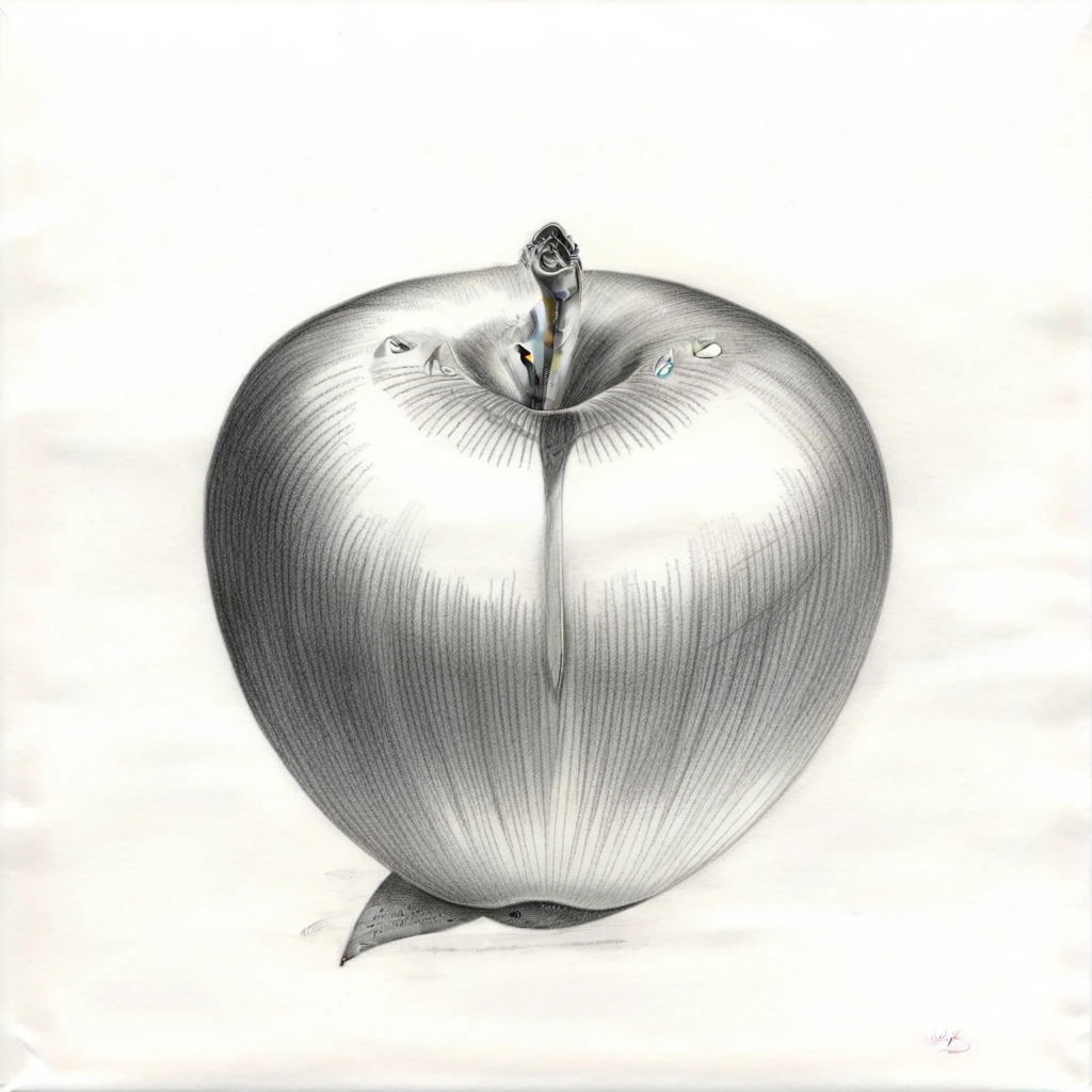 Graphite pencil drawing of an apple:1 AND Graphite pencil drawing of a shark:1