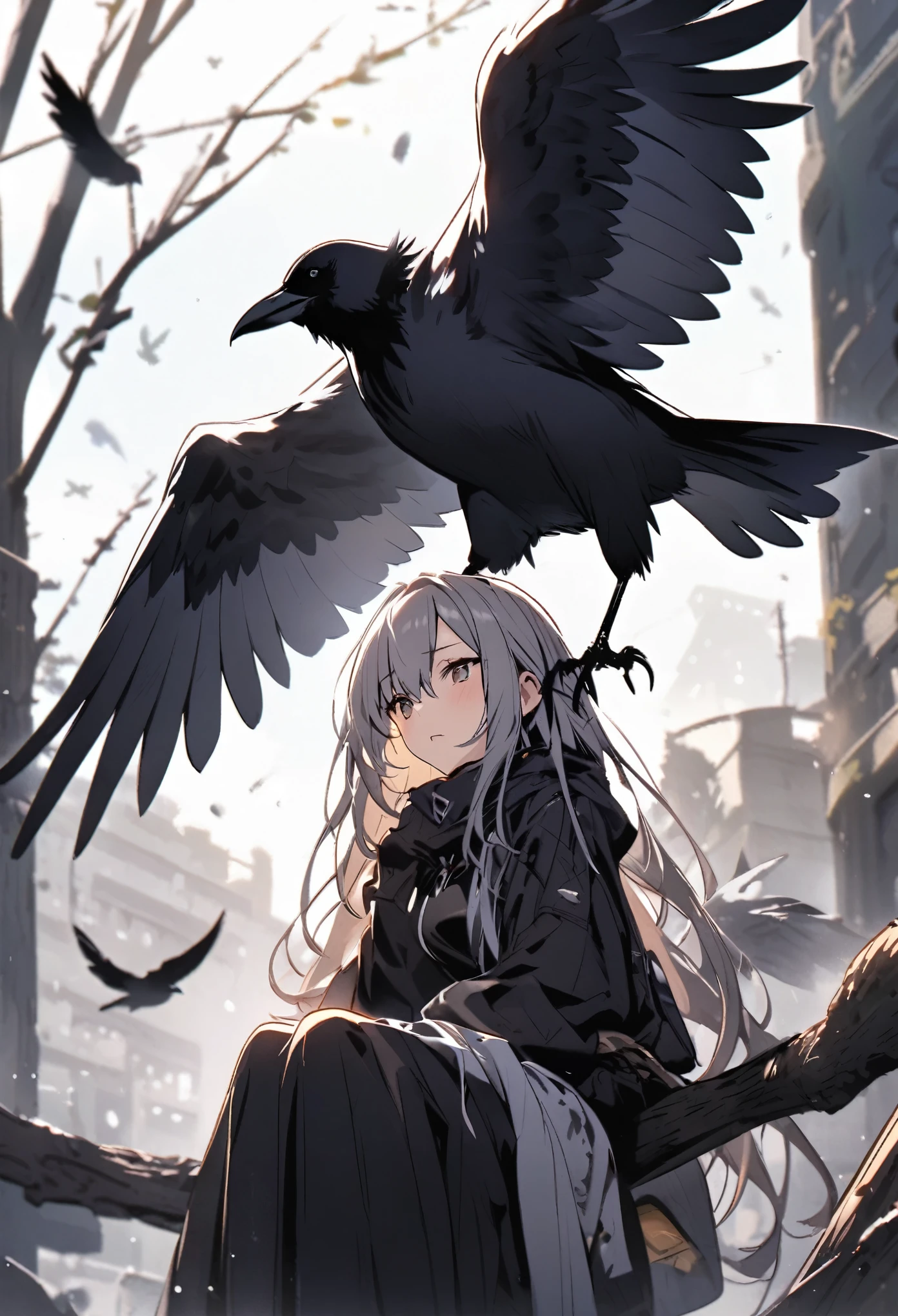 Crow, Perched on the girl's shoulder, masterpiece, best quality, insanely detailed, Full-HD, 16K, absurdres, dynamic angle, gigantic scale, golden ratio, lens flare, pinhole camera, in focus with blurred background