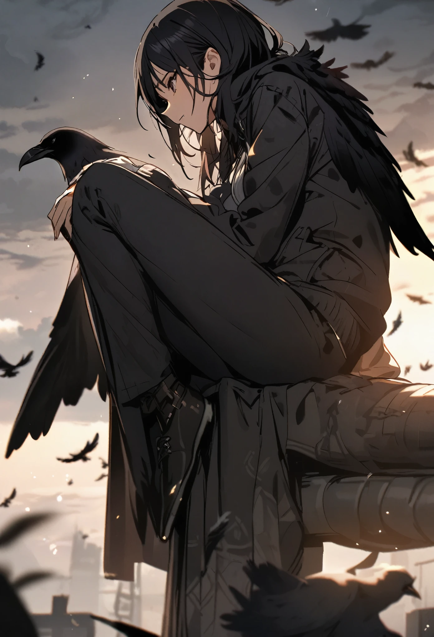 Crow, Perched on the girl&#39;s shoulder, masterpiece, best quality, insanely detailed, Full-HD, 16K, absurdres, dynamic angle, gigantic scale, golden ratio, lens flare, pinhole camera, in focus with blurred background