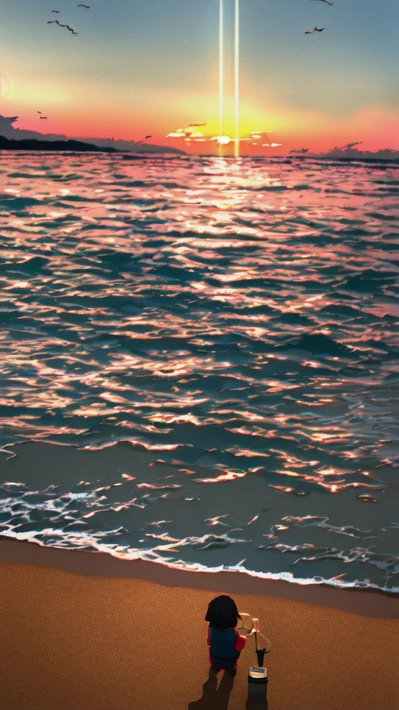 The light of the setting sun reflects fantastically from the seaside and scatters、Boy watching the situation against the background of flying lights Please put your hand in holding the cigarette
