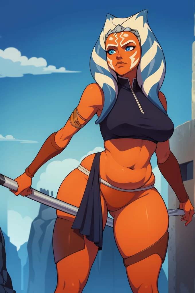 1girl, Ahsoka Tano, orange skin, chubby, adult, curvy, fat, long montrals, long lekku, wide hips, thick thighs.