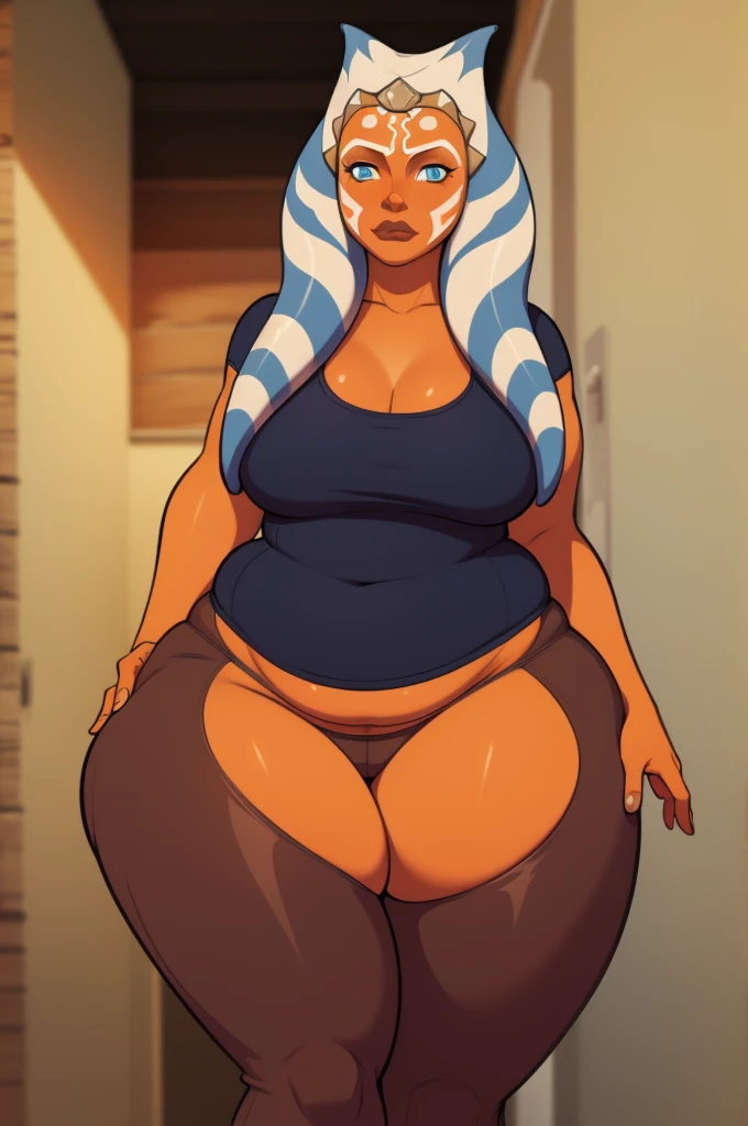1girl, Ahsoka Tano, orange skin, chubby, adult, curvy, fat, long montrals, long lekku, wide hips, thick thighs.