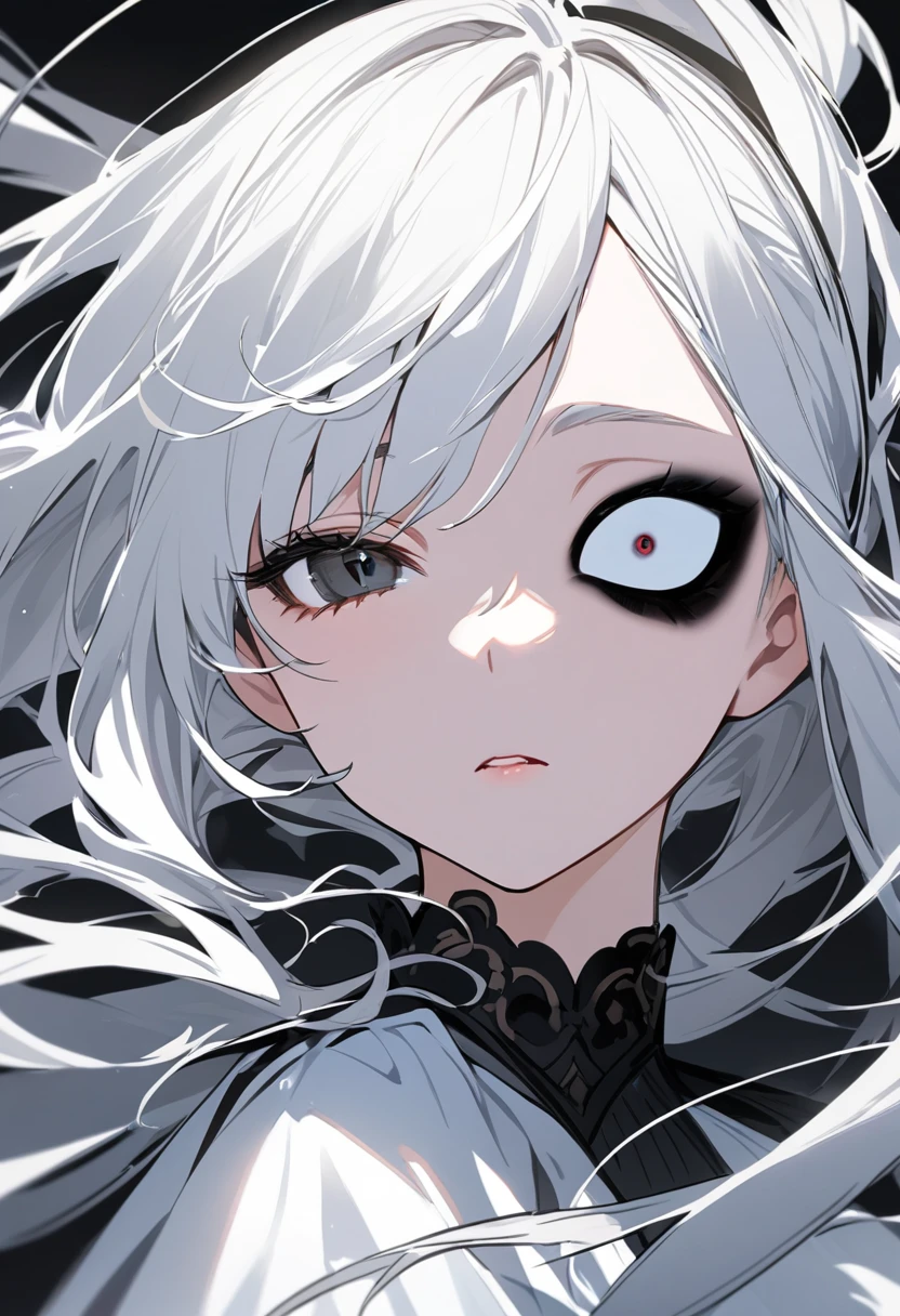 a girl with long black and white hair, odd eyes (black left eye, white right eye), wearing a black and white dress, portrait