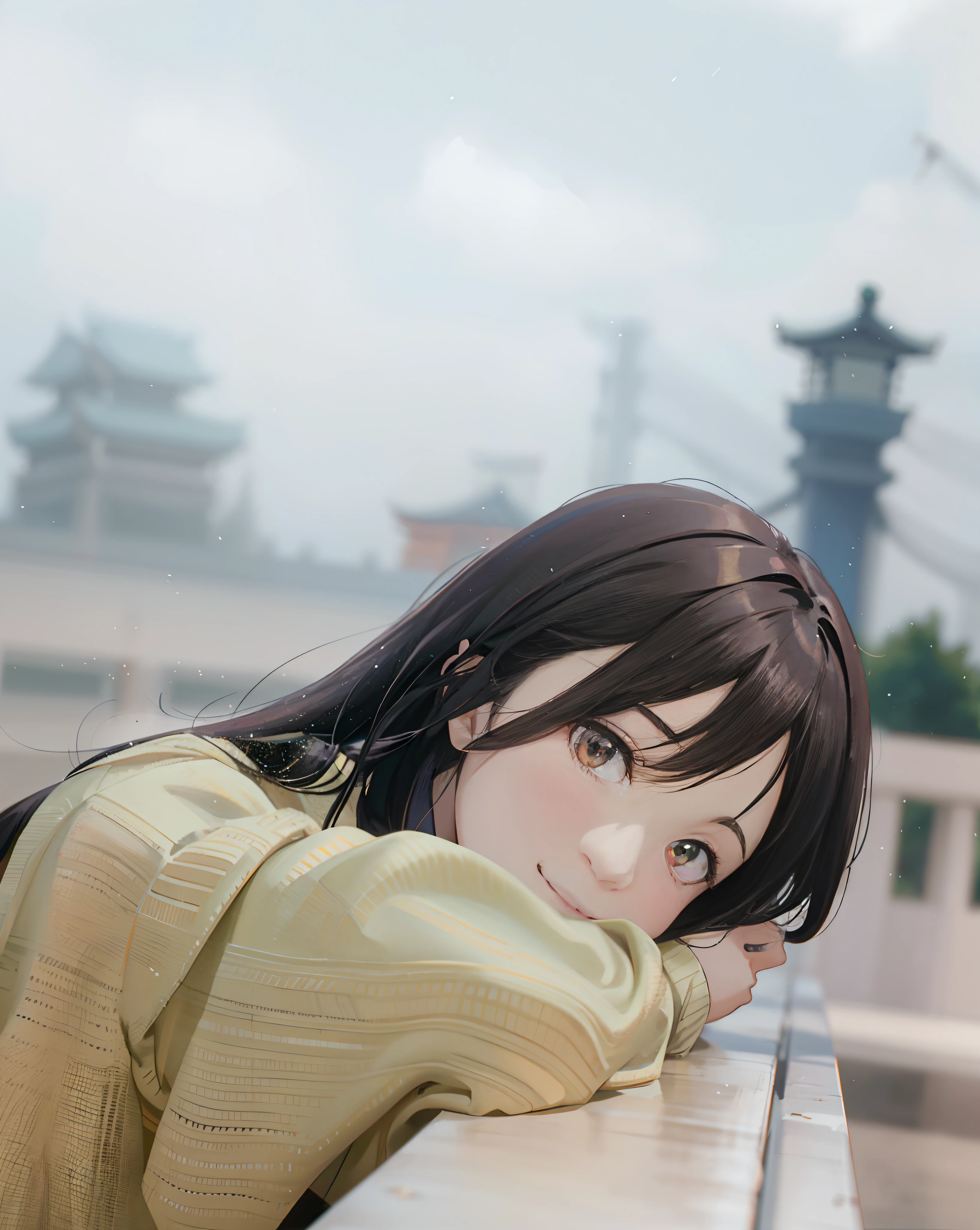 1 beautiful Japanese girl, black orange hair, face facing the camera, beautiful eyes, nice nose, smiling, smooth face, details match the picture, wearing plain green knit clothes, like anime, was on the edge of the bridge, leaning against the bridge railing,