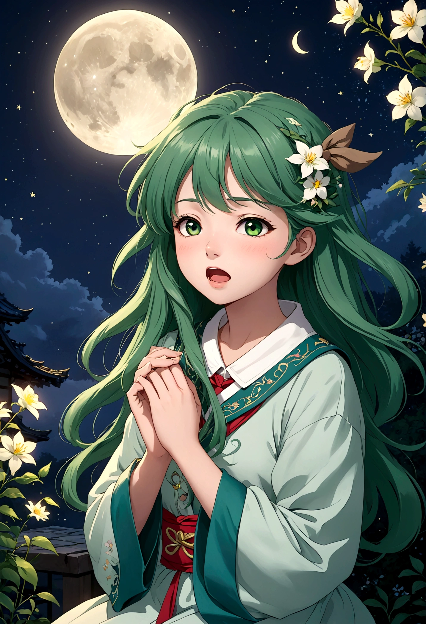 anime character,Whoo whoo,green hair,shirt collar,anime character,Whoo whoo,green hair,shirt collar,"Close up, aspect ratio 16:9, in a magical nighttime setting, a beautiful and cute girl is sitting, surrounded by flowers, yawning delicately with one hand covering her mouth as she starts to nod off. Despite the darkness of night, the scene is illuminated in a fantastical manner with twinkling stars and soft moonlight that selectively highlights the girl, creating subtle contrasts and shadows to enhance the magical atmosphere. Her half-closed eyes and the act of yawning while trying to stay awake capture a moment of natural beauty and fatigue within this fantastic setting. The moonlight shines on her, emphasizing her sleepy expression and the posture of someone fighting sleep, against a backdrop filled with enchanting night-time elements. This scene, rendered in Japanese anime style, aims to capture the essence of a warm, heartwarming atmosphere at night, emphasizing the charming and magical essence from a closer perspective in a scene that could belong to a fantastic tale, with the added detail of her sitting and struggling to stay awake.“