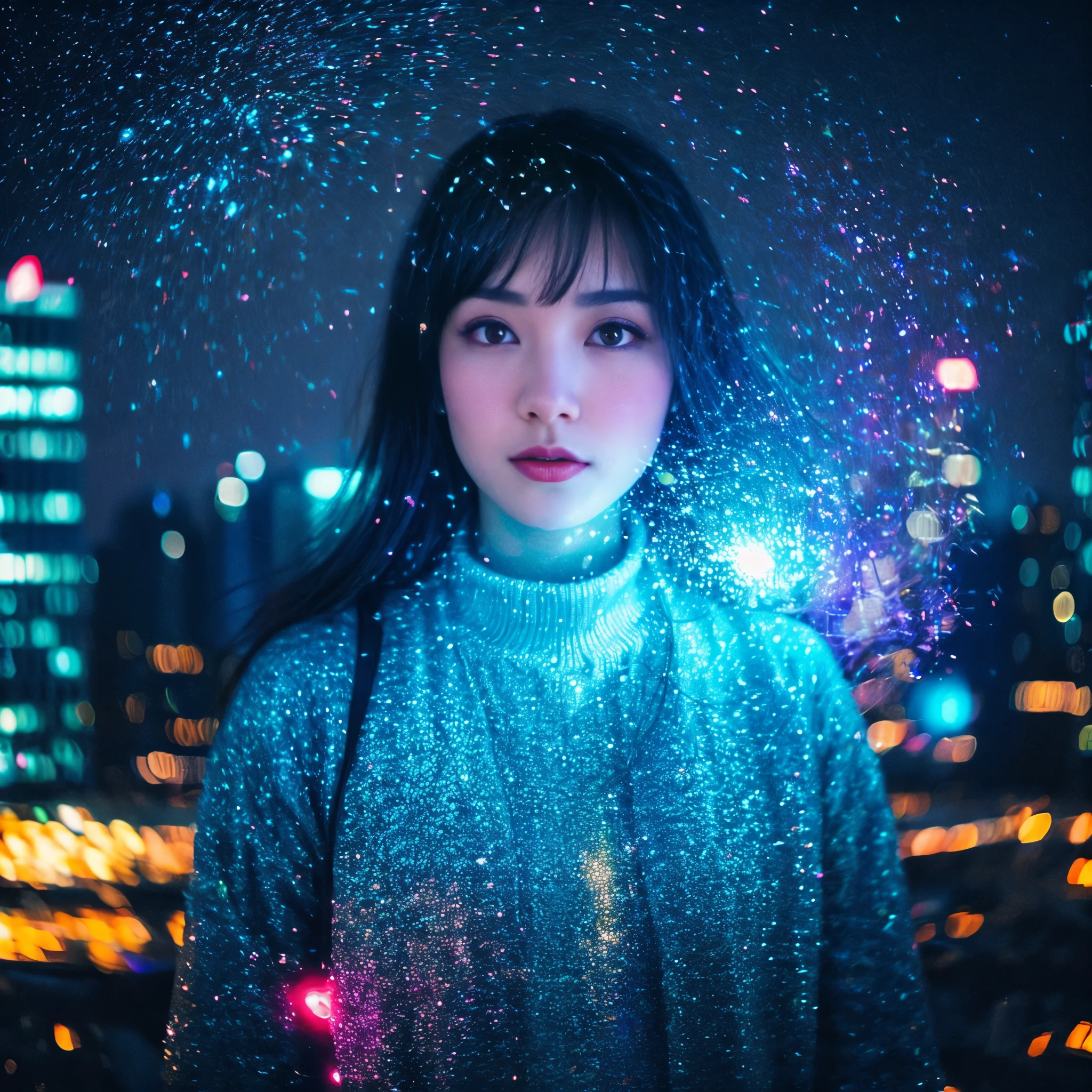 "Big city at night、A young woman wanders amongst the neon-lit skyscrapers。She has a vague facial contour.、Has a lonely look。Transparent bubbles float around the woman.、Each bubble seems to reflect her thoughts and dreams.。Starry sky spreads out in the background、The contrast between the hustle and bustle of the city and the quietness of it all is depicted.。The color scheme is based on cool blue and purple.、The bubbles and the woman are depicted as floating in a soft light.、Overall silence and solitude、It has a fantastical atmosphere that gives a sense of transience.。", High resolution, masterpiece, highest quality, Intricate details, Very detailed, Clear focus, Delicate skin, practical skin texture, texture, Delicate eyes, Professional, 4K, Shot with Canon, 85mm, Shallow and deep, Kodak Vision Color, Exactly, Very detailed, photograph_\(Extremist\), photographpractical, practical, Post-processing, Maximum details, Roughness, Real Life, Extremist practical, Photorealism, photographgraphy, 8K Ultra HD, photographgraphy