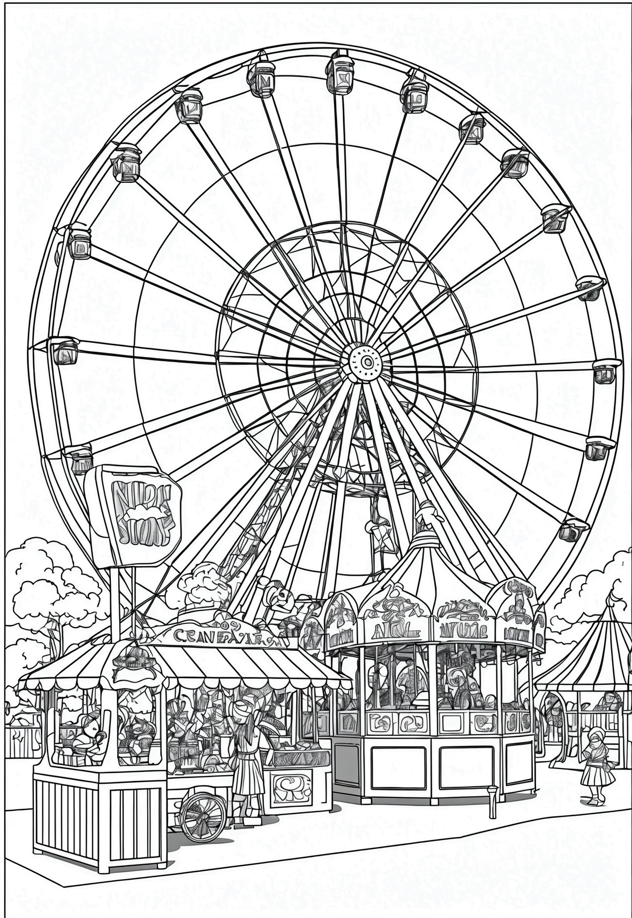 grey and white only, Book page coloring art, All-white background, Use only outlines, line art, coloring book, Clean line art, For coloring Simple and clean line art, coloring book page, perfect symmetric details, Country Fairground: A lively fairground with a Ferris wheel, colorful tents, children playing games, and a stall selling cotton candy and popcorn.