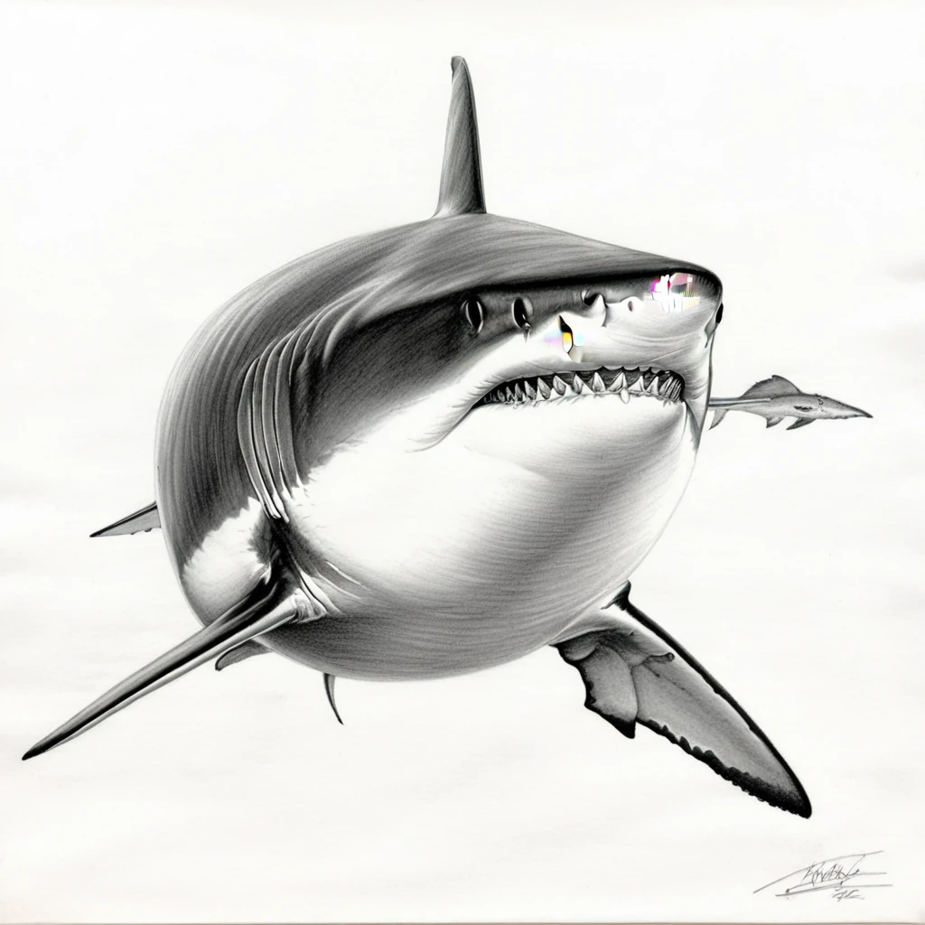 Graphite pencil drawing of an apple:0.6 AND Graphite pencil drawing of a shark:1