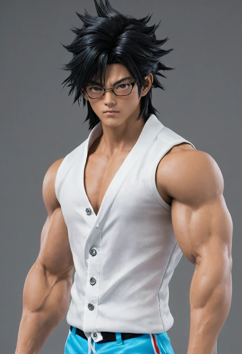 Japanese boy Satoru gojo style, de roupa preta, cabelo preto liso, pelo realista, adulto, olhos azuis , Muscles.