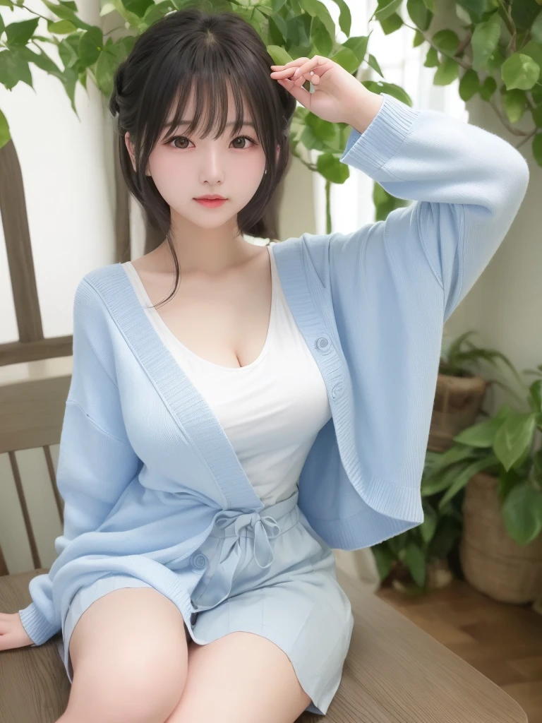 masterpiece、highest quality、8k、20th generation、Big Breasts、cute、alone、sad、cute、Girlish、Delicate girl、Pure beauty、 RAW Photos、Professional photography、Portraiture、Soft Light、Professional Lighting、Backlight、Head to Knee、avert your eyes、Sophisticated、Film Grain、(Eye and facial details:1.0)、floating short hair、beautiful、Flowing hair、bangs、(A loose cardigan(Light blue))、(Large, firm, beautiful breasts that don&#39;t sag:1.8)、bare clavicle、Deep cleavage、(The bust is completely invisible:1.8)、Micro Mini Skirt、dolly make、Big and beautiful eyes、One girl、