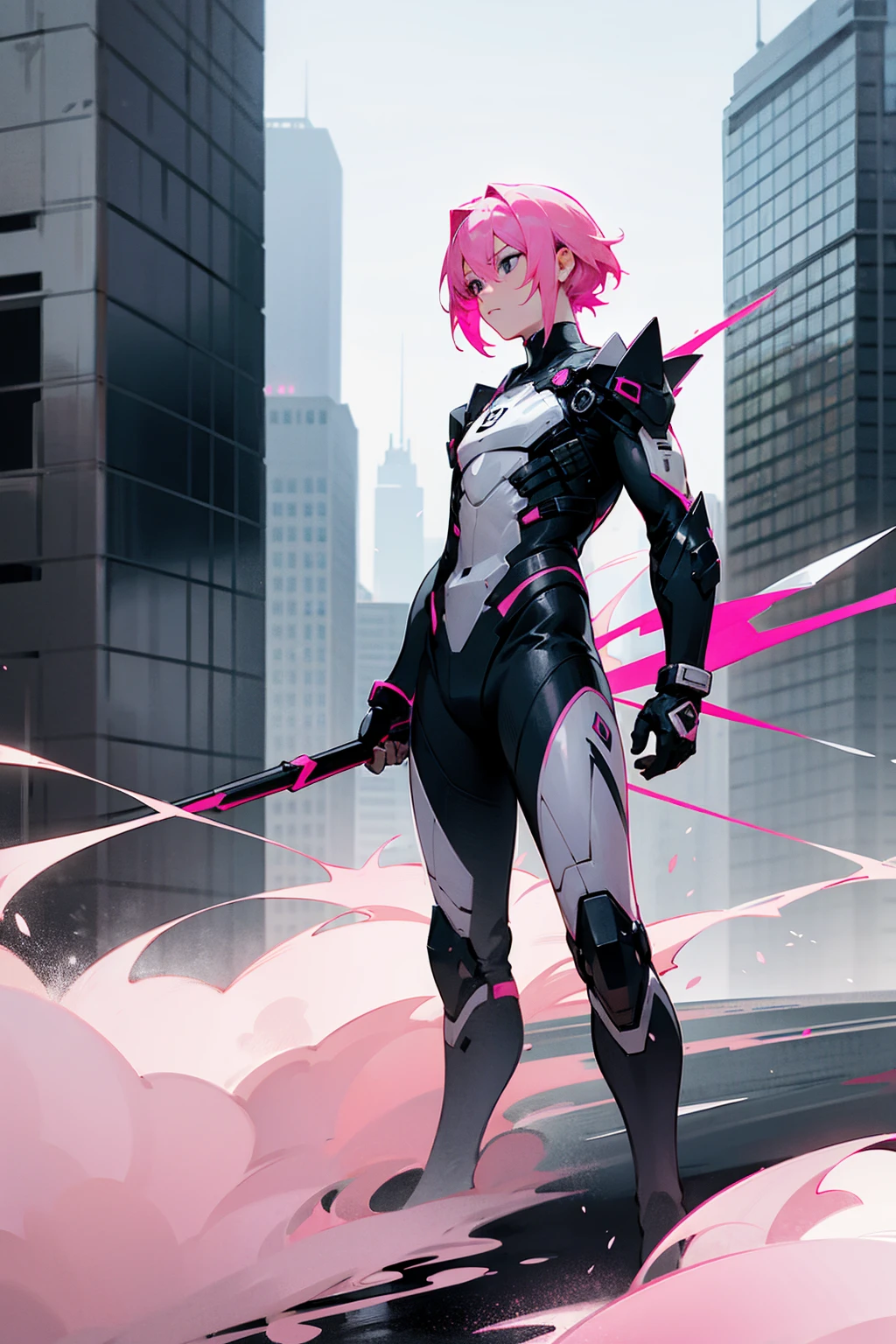 1male, pink hair, black eyes, holding combat spear, short flowing hair, black and white combat suit, city background, standing on path, hands to side