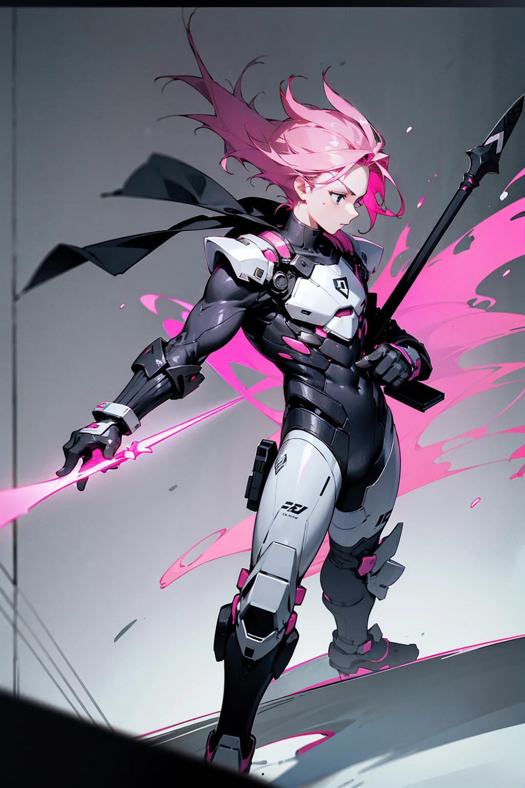 1male, pink hair, black eyes, holding combat spear, short flowing hair, black and white combat suit, city background, standing on path, hands to side