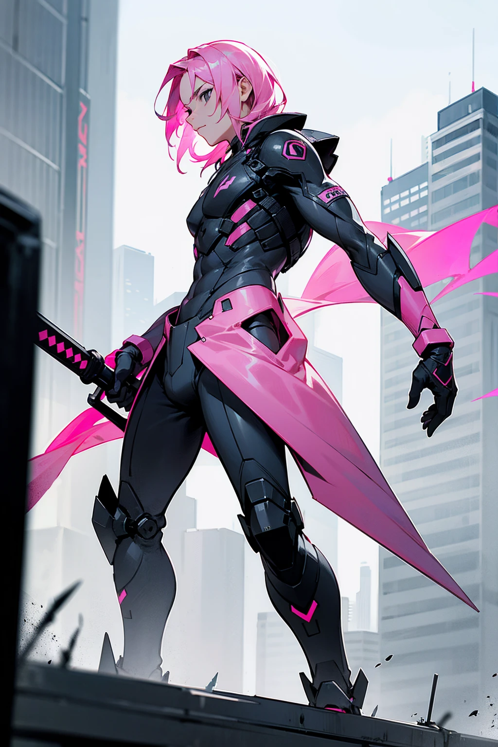 1male, pink hair, black eyes, holding combat spear, short flowing hair, black and white combat suit, city background, standing on path, hands to side