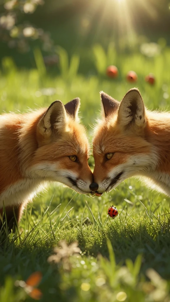 A red fox playfully interacting with a delicate ladybug on a bed of vibrant green grass under the warm rays of the summer sun, close-up shot capturing the intricate details of their interaction in exquisite clarity.