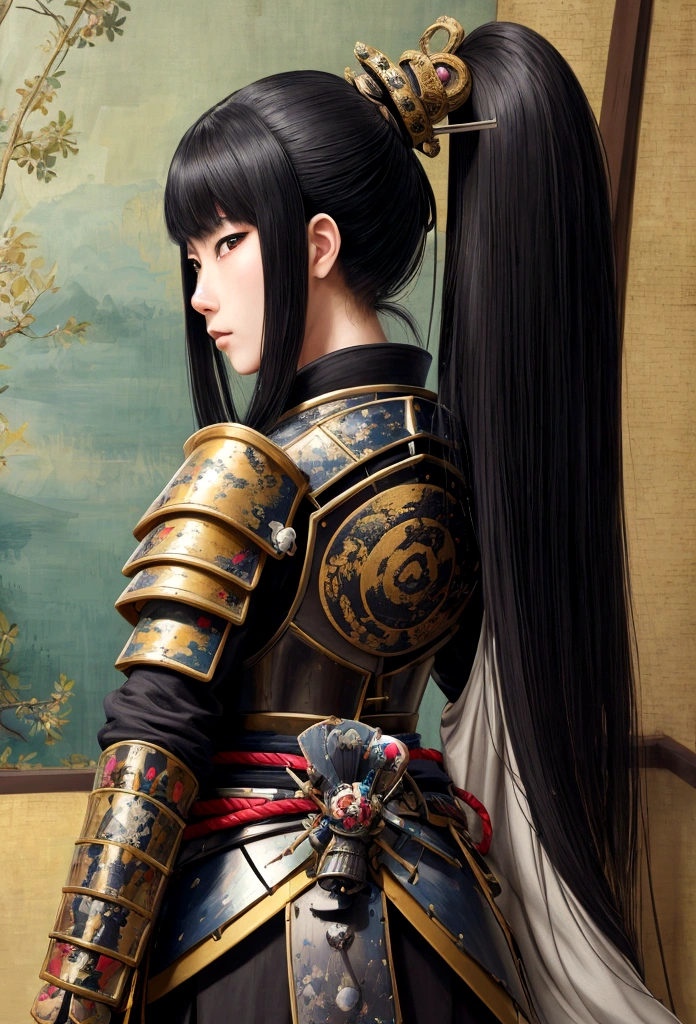 a picture of Japanese female knight, she has long black hair, wearing samurai armor, armed with a katana, ready for battle, ((shot taken from the back)), Japanese fantasy art, (Masterpiece: 1.5), 16k, highres, best quality, high details, ultra detailed, masterpiece, best quality, (extremely detailed), arafed, dnd art, JapaneseKatana