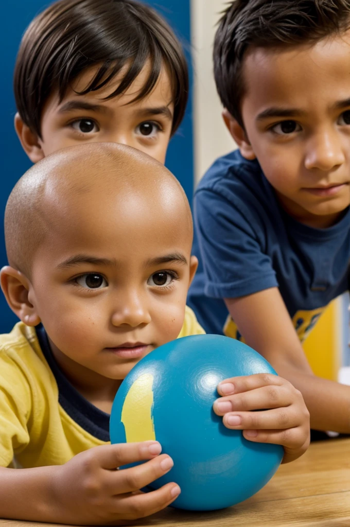 Create an image in which a girl is adding a drop of paint to a plasticine ball and another boy is watching., children's anime style