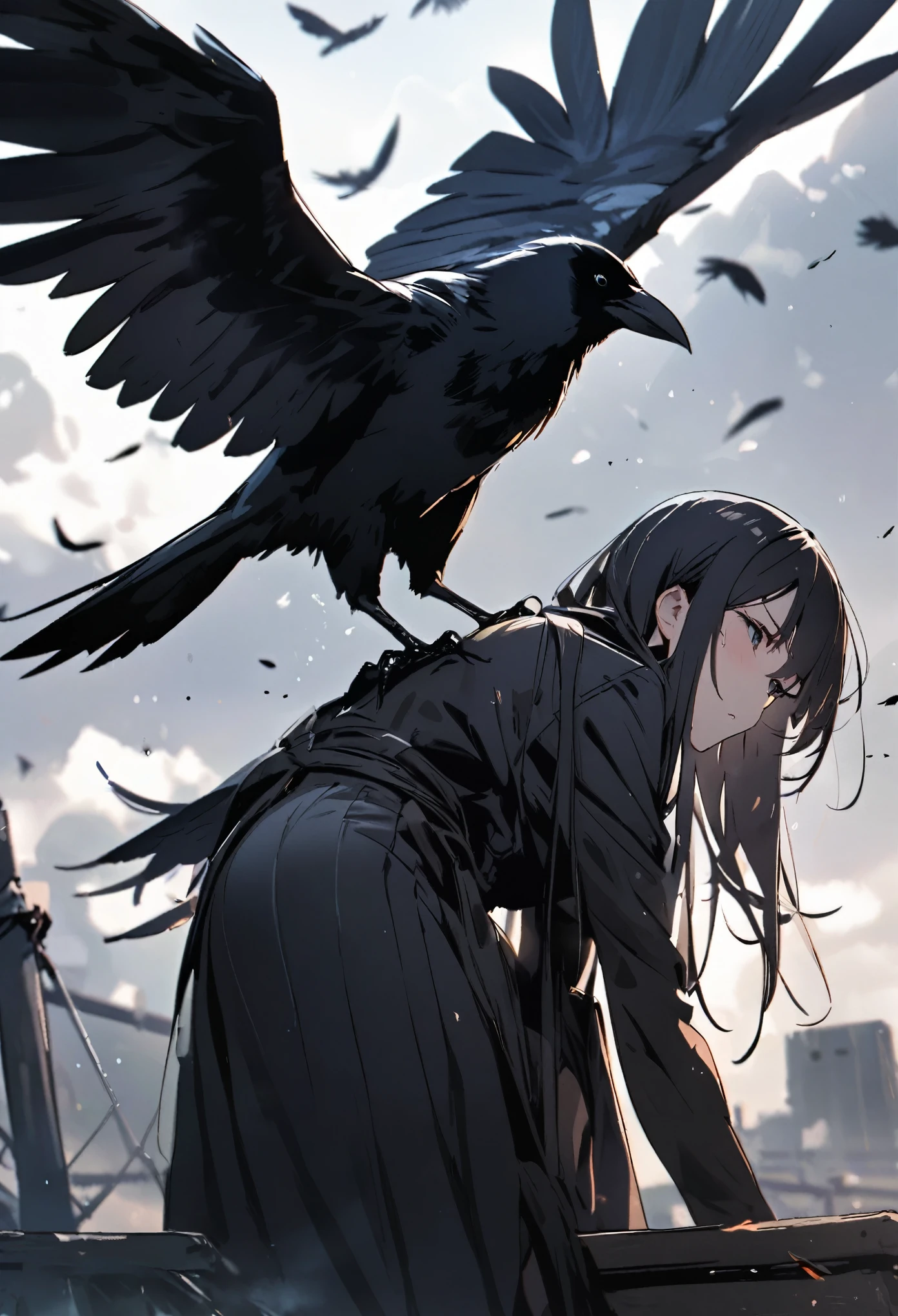 Crow, Perched on the girl&#39;s shoulder, masterpiece, best quality, insanely detailed, Full-HD, 16K, absurdres, dynamic angle, gigantic scale, golden ratio, lens flare, pinhole camera, in focus with blurred background
