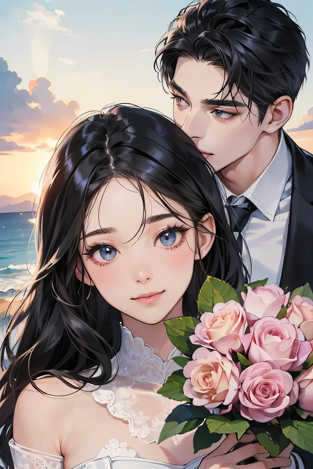 (Tabletop, Digital Art, Digital Illustration, 4K, 8k, Super detailed, Beautiful images, Clear images, Realistic, RAW Photos, Perfect Face, Perfect Lines, Perfect Eyes, Soft lighting) ,1 female, (Long black hair,Straight Hair,Bullish gaze,Beauty,grace,Solid makeup,23 is a novel,Small Tits:1.3),スーツ姿のハンサムなhuman性2人, (human,Muscular,Strong shoulder width, humanのこ,Boyish hairstyles,British Gentleman Style,クールな表情の30代human性,明るい笑顔の28歳human性:1.2),白い歯を見せてsmile(Embarrassing,A shy smile:1.1),coastal,Beach,Beachwedding style、An innocent smile,smile、couple kissing、kiss、the kiss、Romance、Mermaid Line wedding style Dresses、wedding style、Bouquet of roses、wedding style