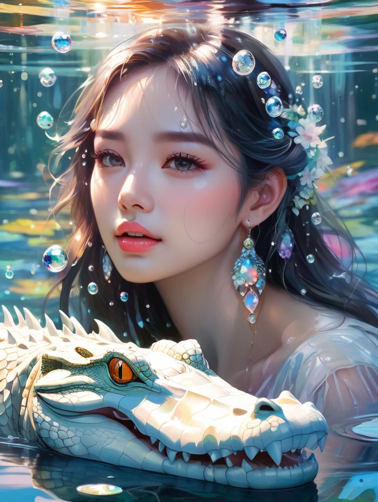 a women, white crocodile, lake, Colorful colors, surrounded by water bubbles, in the style of Kawacy, Masterpiece, Oil painting drawn in anime style, head close - up, exaggerated perspective, Tyndall effect, water drops, mother - of - pearl iridescence, Holographic white,