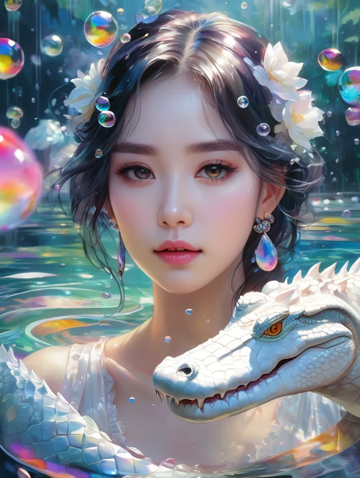 a women, white crocodile, lake, Colorful colors, surrounded by water bubbles, in the style of Kawacy, Masterpiece, Oil painting drawn in anime style, head close - up, exaggerated perspective, Tyndall effect, water drops, mother - of - pearl iridescence, Holographic white,
