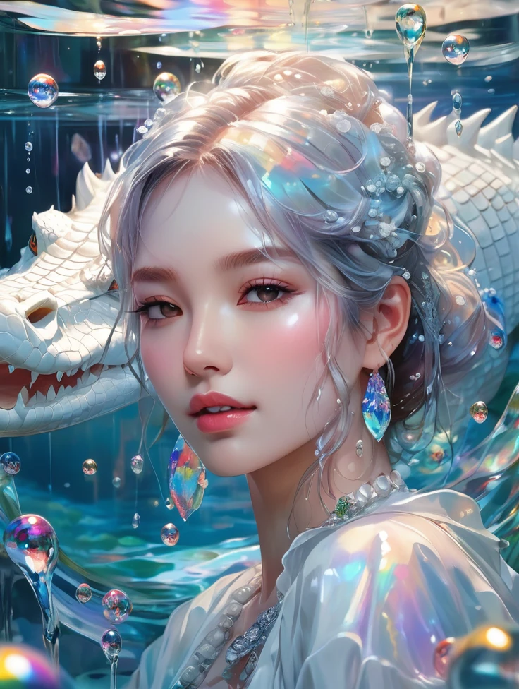 a women, white crocodile, lake, Colorful colors, surrounded by water bubbles, in the style of Kawacy, Masterpiece, Oil painting drawn in anime style, head close - up, exaggerated perspective, Tyndall effect, water drops, mother - of - pearl iridescence, Holographic white,