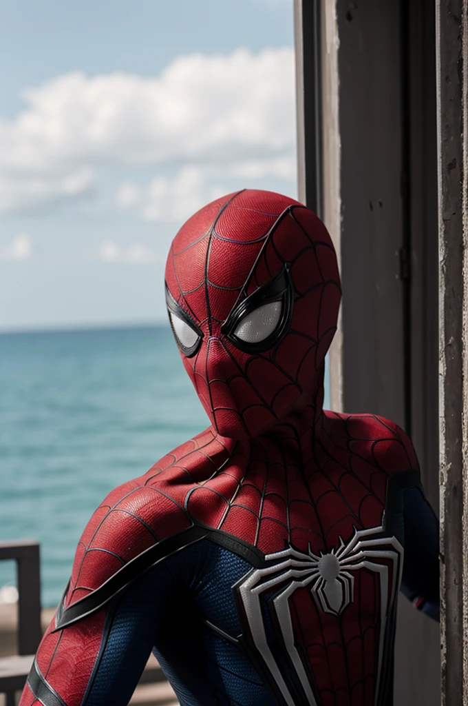 A photograph of Spider-Man., sin mascara, the 20s, Elegante, cara detallada, looking to the camera, retrato, 8k UHD, Alta calidad