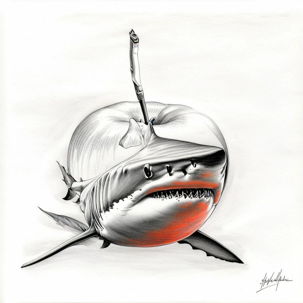 Graphite pencil drawing of an apple:0.8 AND Graphite pencil drawing of a shark:1