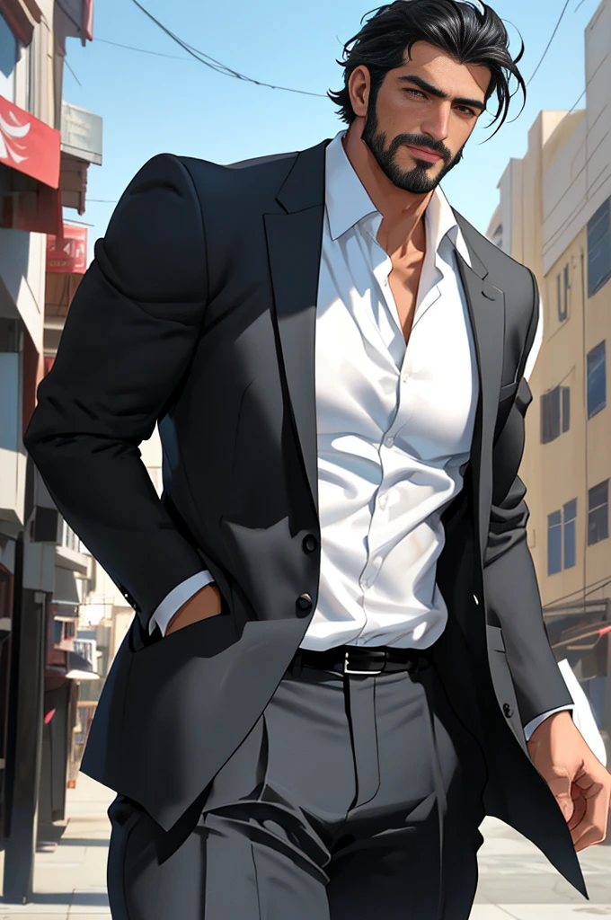 Tall male, mid thirties, athletic muscular build, handsome, gentleman, Turkish man, dark suit with white shirt, ultra detail, 8 k, realistic anime style photo, rugged face, handsome face, stubble, black hair, short hair, photo, solo shot, waist shot, cinematic light, cinematic color, social, remarkable, mysterious