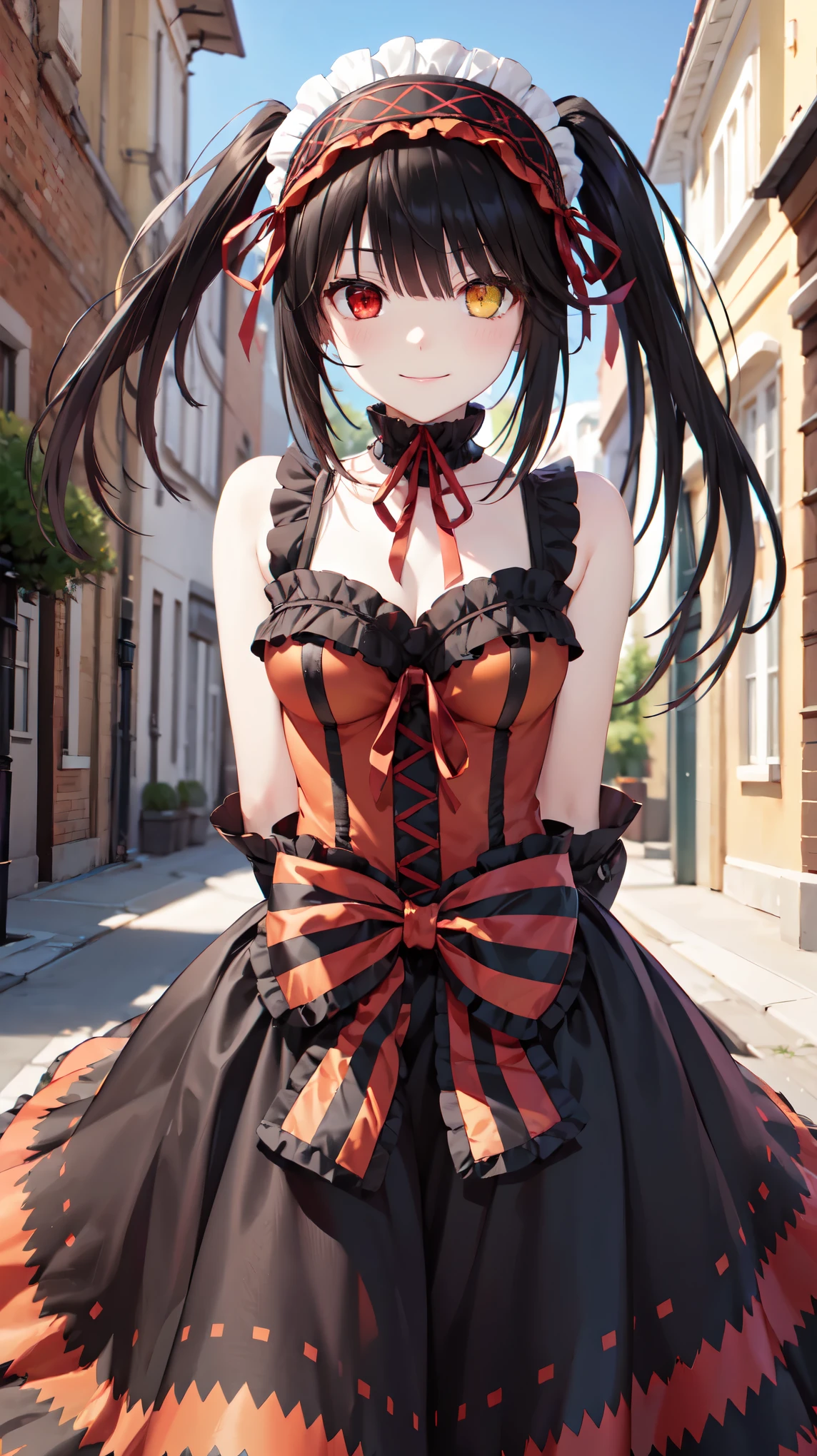 masterpiece, The best quality、street、Put your arms behind your back、Black Hair, Long twin tails bunches, (Yellow eyes:1.2), Heterochromia iridum, (Red Eyes:1.2),Tokisaki Kurumi、Smile,Gothic ta Clothing Accessories、victorian maid tiara、Black Ribbon、Shut up、Gothic Lolilothing Accessories