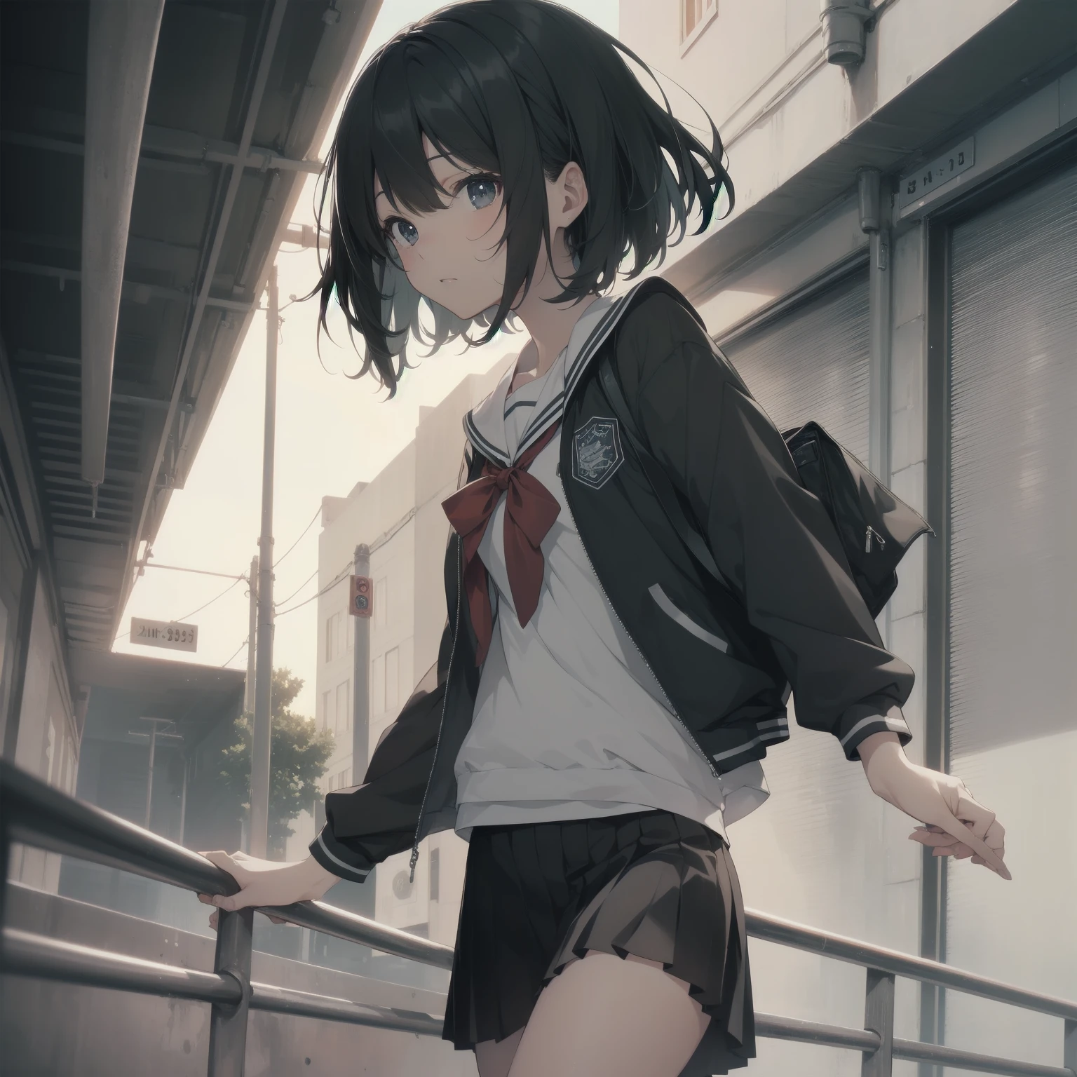 ultra-absurdres-Top quality by artist God, ultra-detailed, high resolution, anime moe artstyle, best anime 8k konachan wallpaper, pixiv contest winner, pool:2810, perfect anatomy,break, 1girl, (Please draw a girl walking sleepily to school alone. )break,(Solo,little female, 13-year-old:1.3),Full limbs, complete fingers,a junior high school student, (very short hair), short cut, flat chest, , small butt, small black eyes, beautiful detailed eyes, well-proportioned iris and pupils, expressive eyes, highres detailed hair, soft expression, salor school_uniform, sailor collar, serahuku, bow, pleated skirt,(Detailed Lighting), (Detailed background), in the School commute route. break,super detailed skin, Best cinematic lighting powered by famous artist, 8k,beauty illustration,photoshop_(medium),very aesthetic,break,((artist:neocoill )), artist:clamp ,artist:carnelian ,artist:kantoku ,