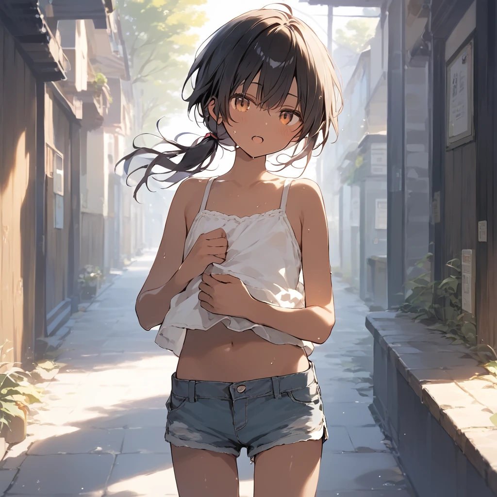 score_9, score_8_up, score_7_up, source_anime, best quality, masterpiece,official art, absurdres, highres, waifu2x,Collection: Slice of Life,break,1girl, tomboy, dark-skinned female, short hair, low ponytail, flat chest, beautiful detailed eyes, short shorts, sweat, open mouth, (yawn:0.3), sleepily, outdoors, wind, break,(clear line illustration:1.2),very high resolution, very aesthetic, super detailed skin, Best sexual lighting powered by famous artist, 8k,cute picture,beauty illustration,photoshop_(medium),,(Detailed Lighting)