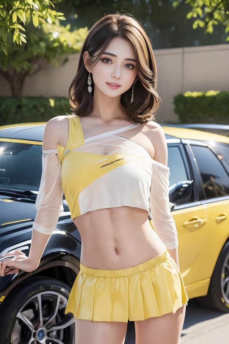 (((One-shoulder mesh girls outfit))),(((Dynamic pose))),(((Abdominal Peek))),(((Show lower chest ))),(((Yellow and white miniskirt lift))),(((Bare inner thighs))),(((Formula One racing car display))),Ulzzang-6500-v1.1, (Original photo:1.2), (Realistic:1.4), Beautiful and delicate girl, Very detailedな目と顔, Beautiful and delicate eyes,(Pale skin),  Very detailed, High resolution, highest quality,masterpiece, Very detailed, 8k wallpaper, wonderful, Fine details, highest quality, There is Light on the face,Light,One Girl,(car truck),Beautiful Eyes,smile,Open your mouth