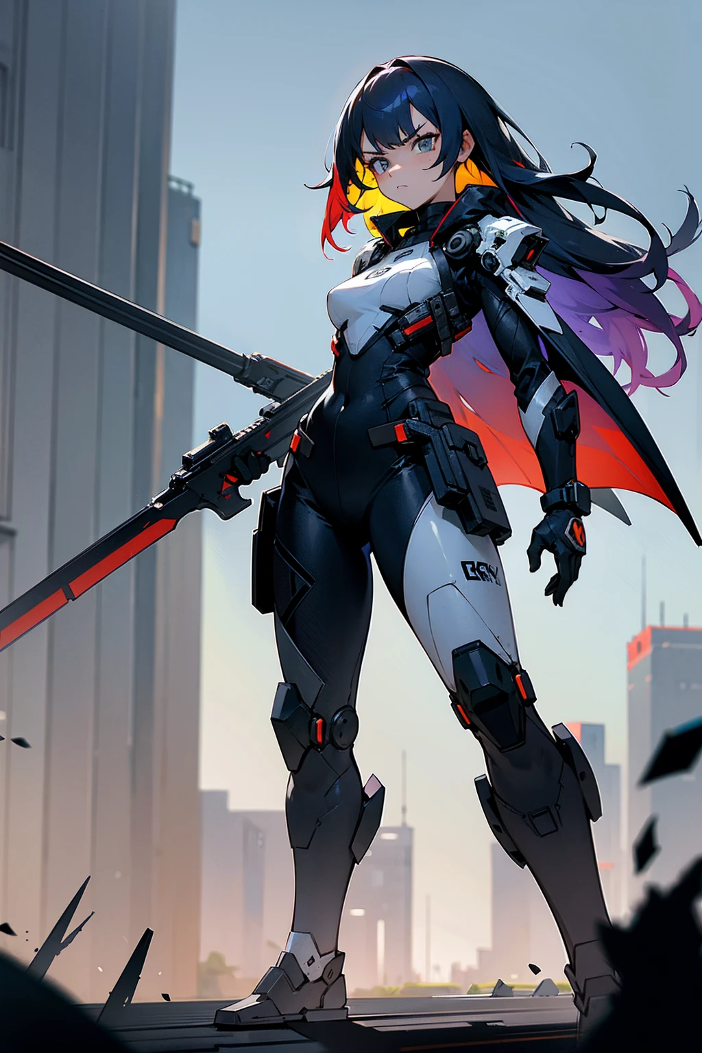 1female, multi colored hair, split colored hair, combat weapons, weapons background, serious expression, black and white combat suit, city background, standing on path, hands to side
