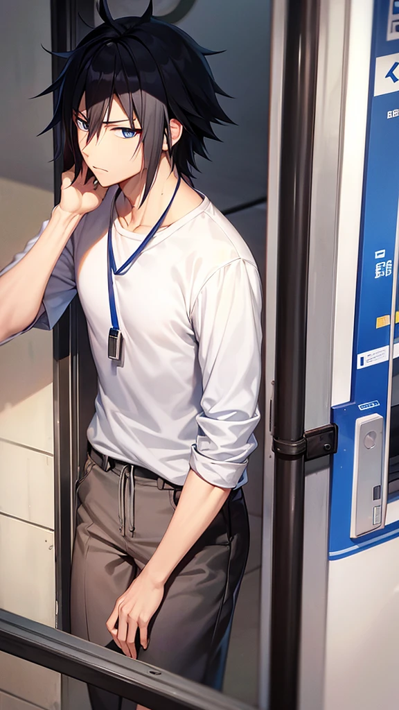 Sasuke sits dejectedly in a phone booth using a pay phone.
