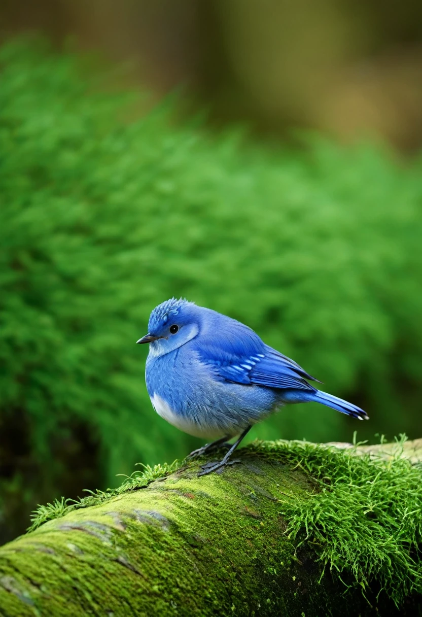 A small fat blue and white bird sits on a mossy log, Sitting on a rock, Perched on a mossy branch, blue bird , Nature Photography, Beautiful Nature, (Ball shaped bird), very fat blue bird, children book