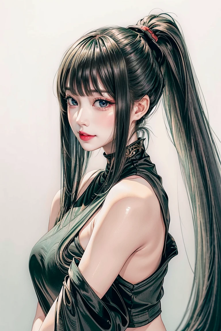 ((Classic blunt bangs:1.1)),Blunt Bangs Hairstyles, blunt bangs round face, Blunt bangs korean, aesthetic korean bangs,  Blunt Cut Bangs Straight Long Hair,((High Ponytail:1.5)),(((Blunt bangs,Straight bangs:1.1))),(((Very long dark green hair, Ridiculously long dark green hair:1.1))) snake tattoo wrapped around right arm, halter top