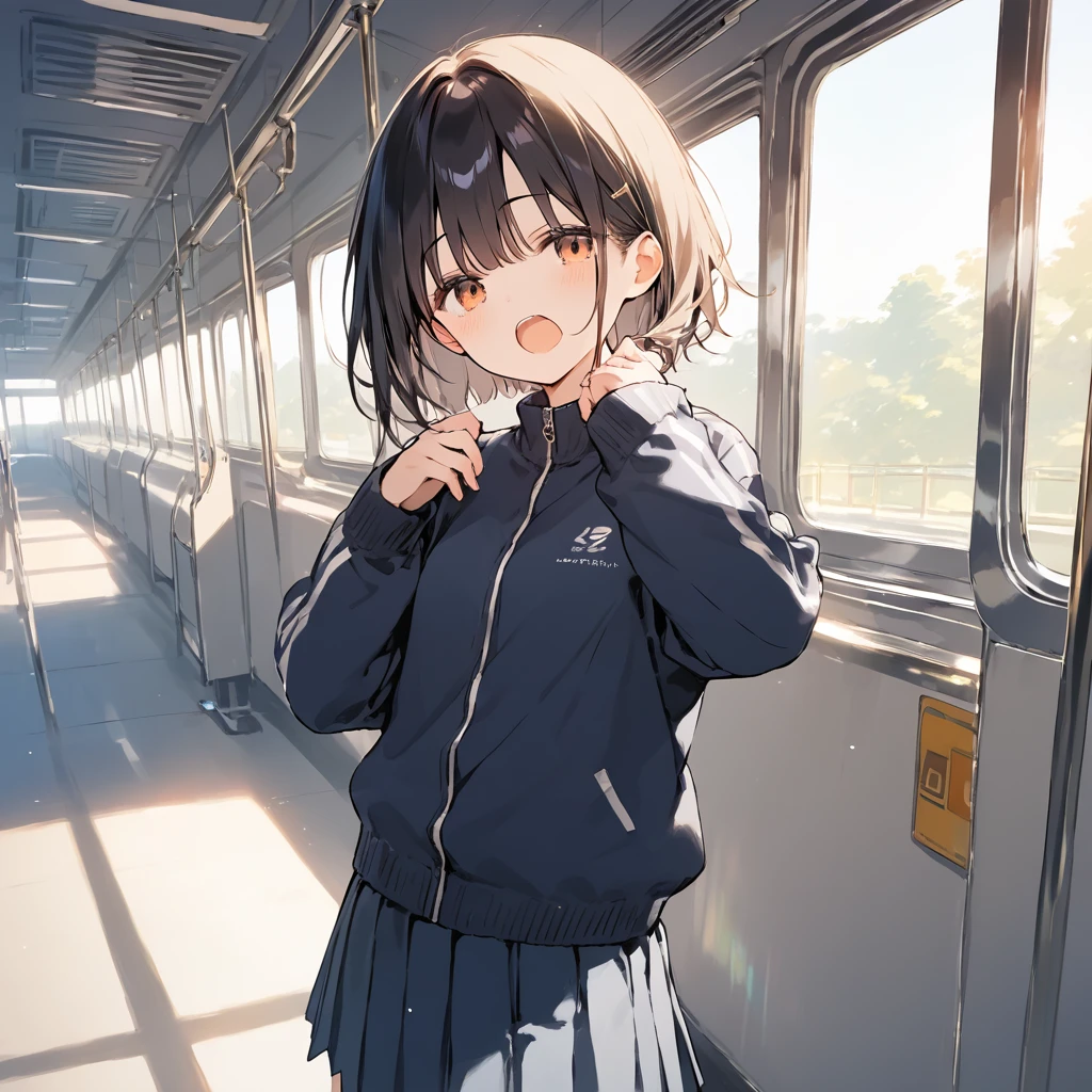 score_9, score_8_up, score_7_up, source_anime, best quality, masterpiece,official art, absurdres, highres, waifu2x, break,1girl, girl, short hair, small breasts, beautiful detailed eyes,track suit, pleated skirt, open mouth, (yawn:0.3), sleepily, train, break,(clear line illustration:1.2),very high resolution, very aesthetic, super detailed skin, Best sexual lighting powered by famous artist, 8k,cute picture,beauty illustration,photoshop_(medium),,(Detailed Lighting)
