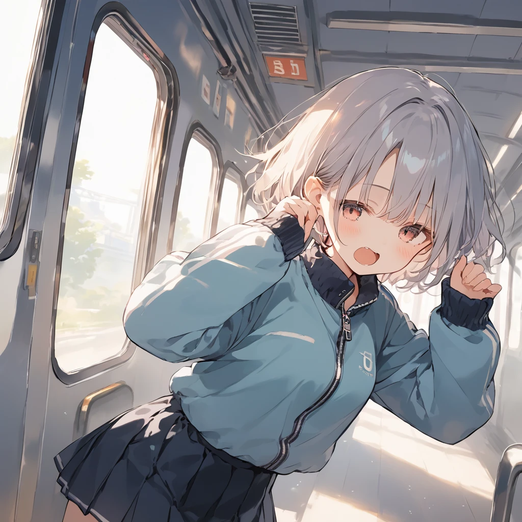 score_9, score_8_up, score_7_up, source_anime, best quality, masterpiece,official art, absurdres, highres, waifu2x, break,1girl, school girl, short hair, small breasts, beautiful detailed eyes,track suit, pleated skirt, open mouth, (yawn:0.3), sleepily, train, break,(clear line illustration:1.2),very high resolution, very aesthetic, super detailed skin, Best sexual lighting powered by famous artist, 8k,cute picture,beauty illustration,photoshop_(medium),,(Detailed Lighting)