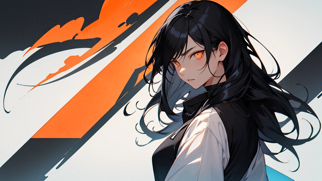 Girl with orange eyes and black hair looking to the side. She has long black hair . She has orange eyes、Has a serious expression。.