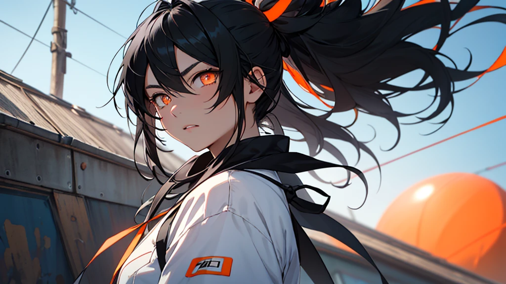 Girl with orange eyes and black hair looking to the side. She has long black hair . She has orange eyes、Has a serious expression。.